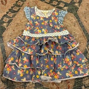 Matilda Jane Blue Floral Dress with Pink and Yellow Details Stripes Size 8